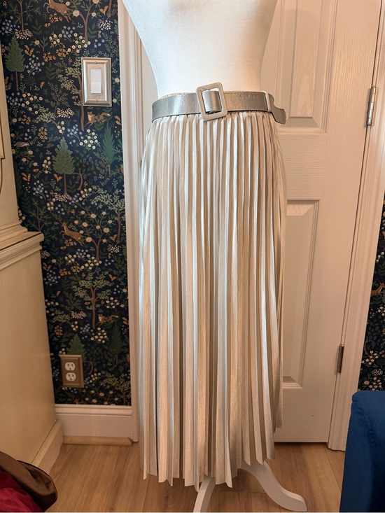 taba Dresses & Skirts - Metallic Cream Pleated Midi Skirt with Matching Belt